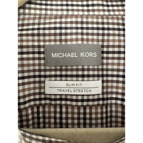 Michael Kors 2XL Men's Slim-Fit Check Stretch Dress Shirt Brown ( 18-34/35 ) - Picture 2 of 9